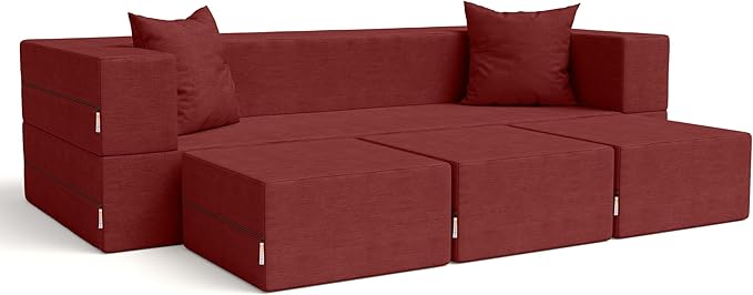 Jaxx Zipline Convertible Sleeper Sofa &amp Three Ottomans/California King-Size Bed Textured Microvelvet - Berry Red