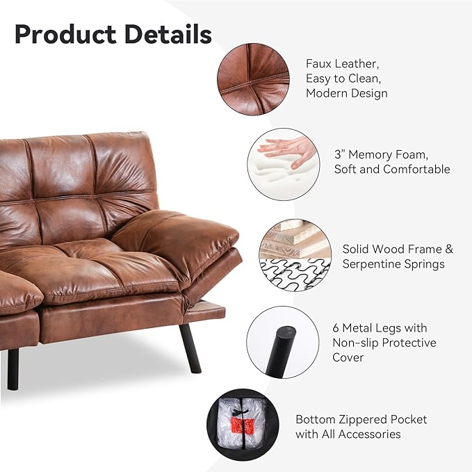 71 Convertible Futon Sofa BedBrown Faux Leather Futon CouchMemory Foam Reclining Sleeper Sofa BedModern Folding Small Loveseat Couches for Living RoomOfficeApartment