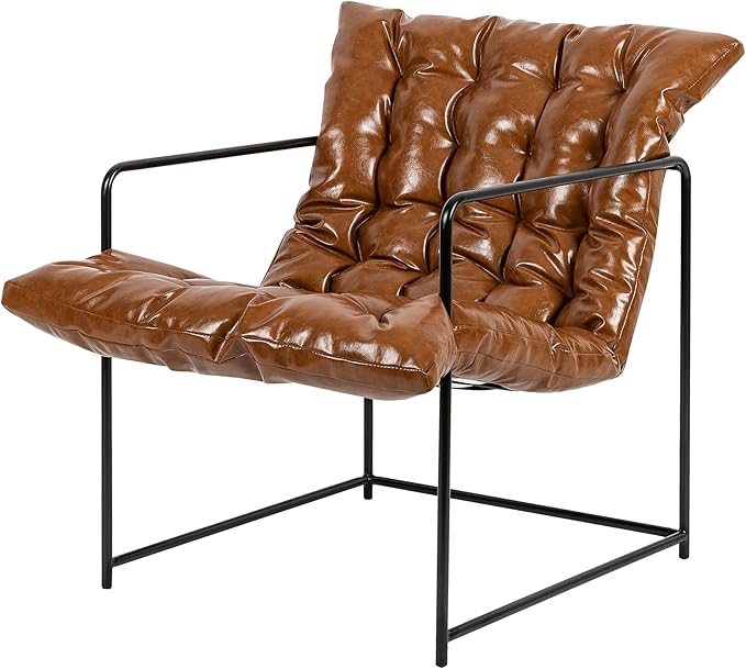 GIA Mid Century Modern Sling Accent Chair for Living Room Bedroom and Office Set of 2 Upholstered in Brown PU Leather with Black Metal Base