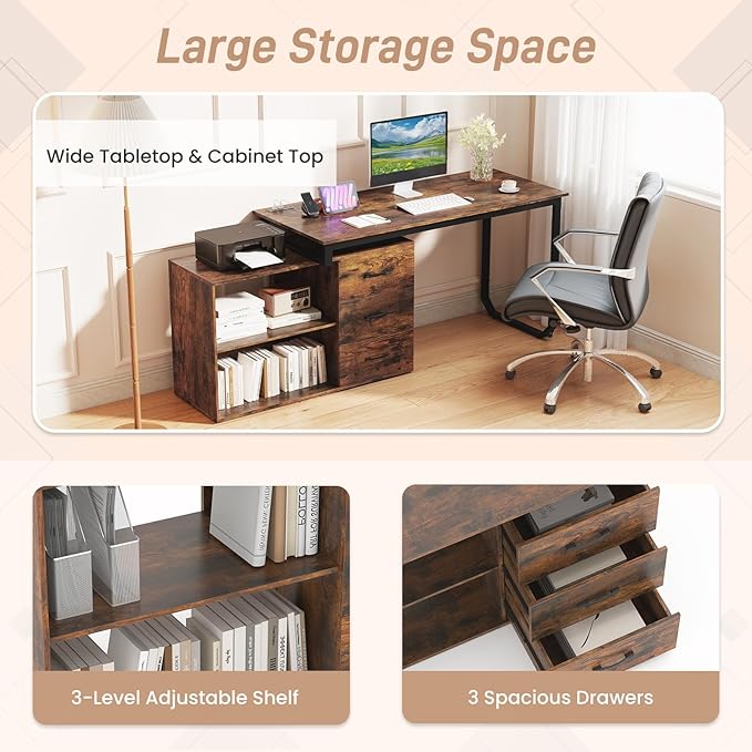 GOFLAME Reversible L Shaped Computer Desk with Charging Station 55” Home Office Desk with 3 Drawers 3-Level Adjustable Shelf Convertible Study Writing Desk for Small Space Rustic Brown