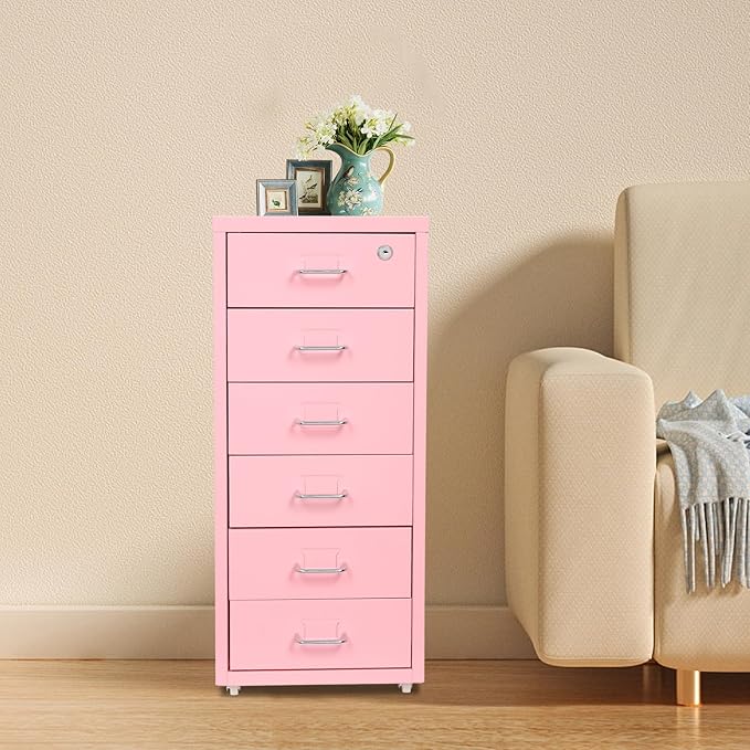 Office File Cabinet w/4 Wheels 6 Drawer Metal Small Vertical File Cabinets w/2 Lock Smooth Edges Mobile Storage Cabinet File Organizer for Home Office Living Room 11 * 16 * 27in (Pink)