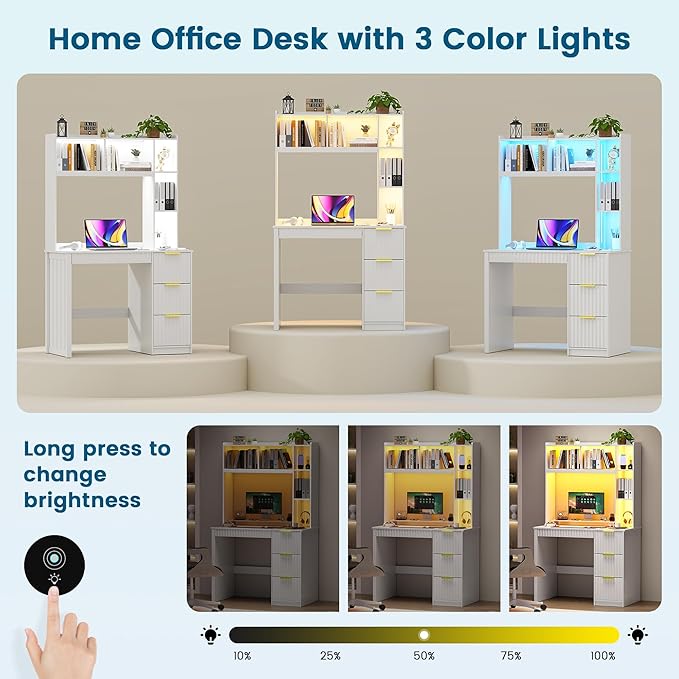 Home Office Desk with Hutch &amp LED Lights - 39 Computer Desk with Charging Station 3 Large Drawers Hidden Compartment &amp Fluted Panel DesignWhite Writing Desk for Bedroom Study
