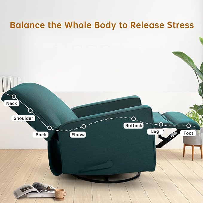 Swivel Rocker Recliner Chair for Adults High Back Fabric Recliner with Deep Seat Manual Glider for Living Room &amp Nursery Green