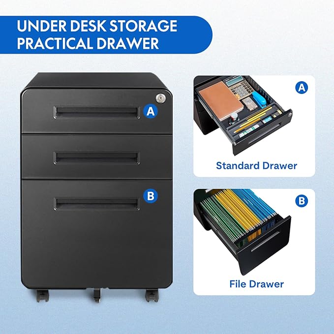 FLEXISPOT Metal File Cabinet for Home Office Mobile File Cabinet with Lock 3 Drawer Filing Cabinets for Legal/Letter/A4 File Round Corner DesignBlack
