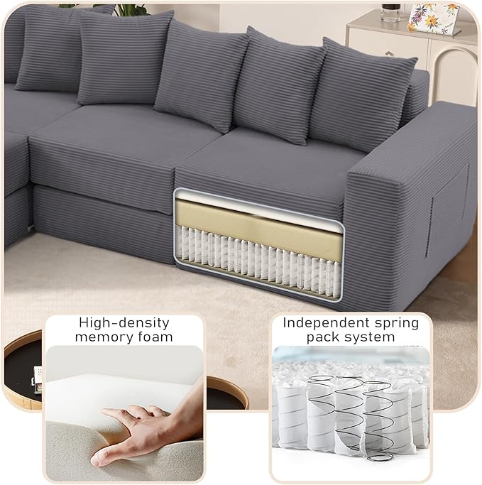 102 Upgraded L-shaped Modular Sectional Couches for Living Room Convertible Oversized Sleeper Sofa Bed-Luxury 1.5 Queen Bed. 11-in-1 Multifunctional Corduroy Boneless Folding Futon Couch Grey.