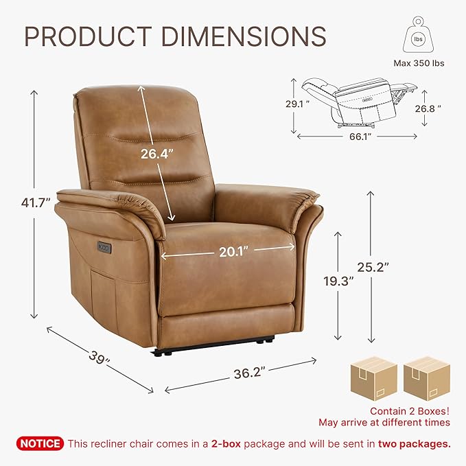 Power Recliner Chair with Adjustable Headrest and Footrest Dual Motor Leather Reclining Chair with USB/Type-C Charging Zero Gravity Modern Electric Recliner for Adults Living Room Bedroom