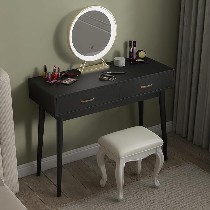 Black Small Writing Desk with Drawers 40 Inch Writing Desk for Home Office Vanity Desk with Solid Wood Leg for Small Spaces