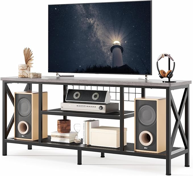 Gizoon TV Stand for 55-65 Inch TVs 3-Tier Industrial Media Entertainment Center with Open Shelves Metal Frame 59.8'' Solid Wood Table top for Living Room Bedroom Office Grey