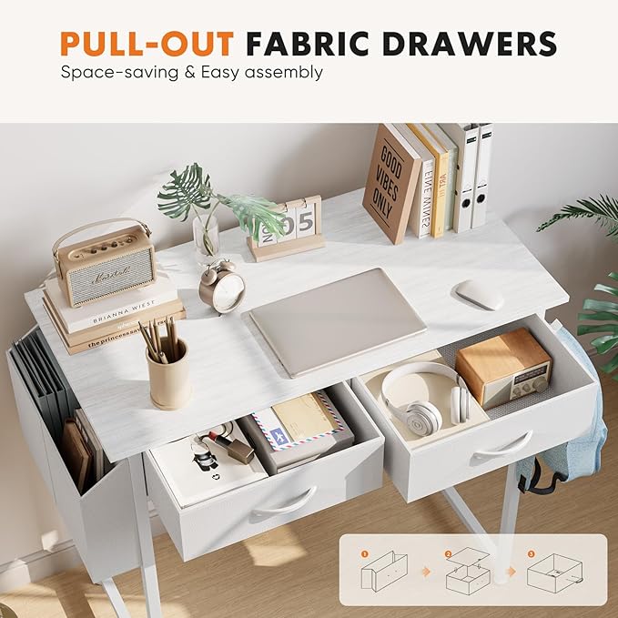Sweetcrispy Computer Desk Small 32 Inch Home Office Bedroom Writing Study PC Table with Fabric Storage Drawers Space Side Bag Headphone Hook Metal Frame Adjustable Feet Modern Simple Style White Wood