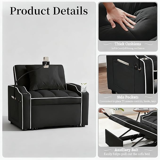 Convertible Sleeper Chair Pull Out Chair Sleeper with Bracket and Cup Holder Chairs Bed Sleepers for Adults 3 in 1 Sofa Bed Chairs for Small Spaces Living Room Black