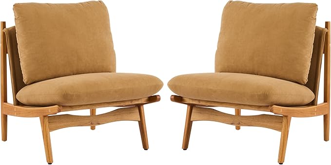 Christopher Knight Home Vista Low Profile Accent Chair Set of 2 with Removable Cushion Solid Wood Armless Lounge Chair Fabric Comfy Reading Chair for Bedroom Mocha+Natural