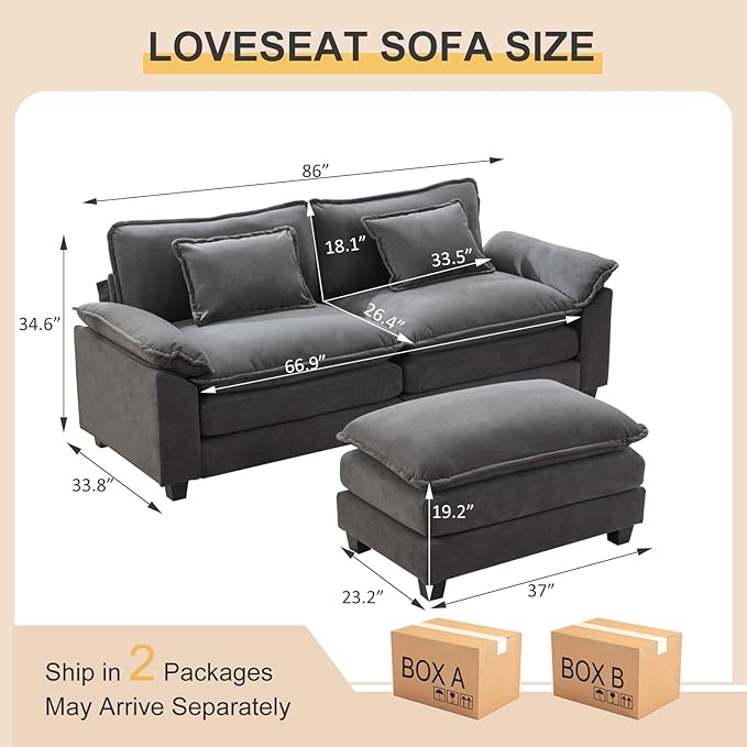 Modular Sectional Sofa 86 L Shaped Couch Set with Movable Ottoman Flannel Comfy Cloud Couch Sectional Set Extra Deep Seat Sofa with 2 Pillows for Living Room (Dark Grey 2-Seat &amp 1-Ottoman)