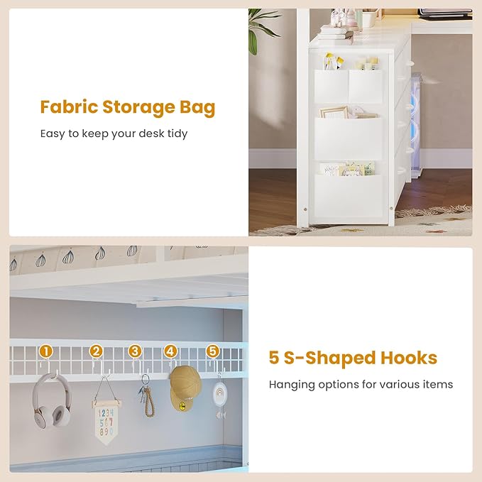 ADORNEVE Loft Bed Full Size with U-Shaped Desk 6 Storage Drawers Power Outlet LED Metal Loft Bed with 2 Storage Shelves Bed with Safety Guardrail &amp LaddersSpace-SavingWhite