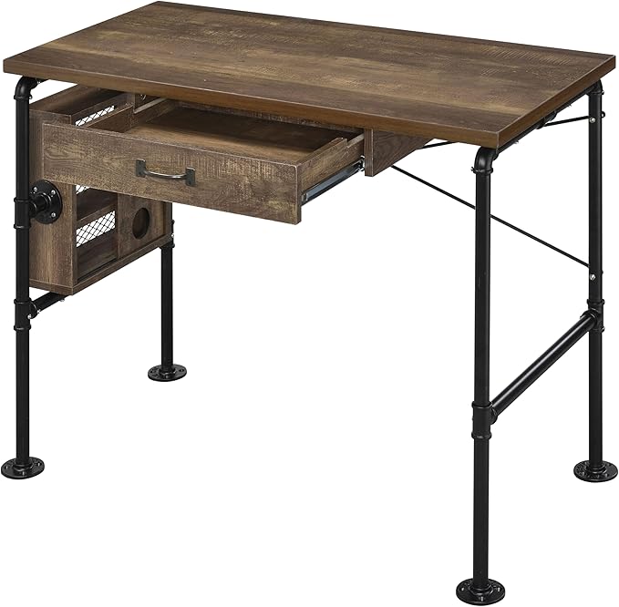 Rectangular Weathered Oak and Black 1-Drawer Writing Work Study Desk 3 Shelves Metal Leg for Home Office