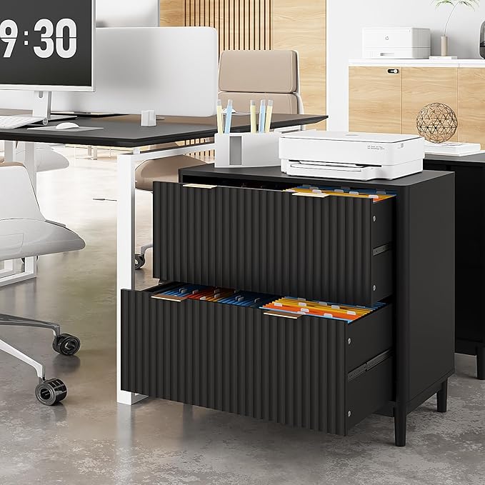 VINGLI 2 Drawer File Cabinet Home Office Filing Organizer for Letter Legal A4 Size File Folder Storage Modern Style Fluted Design Wood Lateral Filing Cabinet Printer Stand Archivador Black