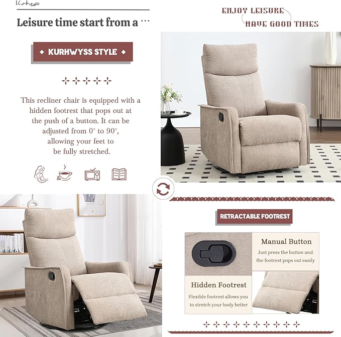 Rocking Recliner Chair with Heat and Massage 360° Swivel Glider Rocker with Reclining Backrest and Footrest Modern Nursery Rocking Chairs for Adults for Bedroom Living Room Office (Khaki)