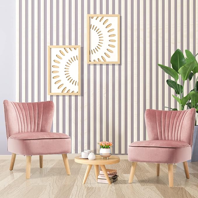 KOTEK Velvet Accent Chairs Set of 2 Modern Armless Accent Chair w/Solid Rubber Wood Legs Upholstered Side Chair Club Sofa Chair Slipper Chair for Living Room Bedroom (Pink)