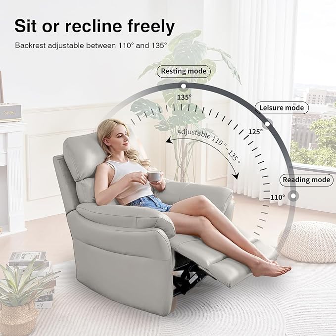 AIRSKY Genuine Leather Recliner Chair Top Grain Leather Italian Water-Washing Process Living Room Chair with Lumbar Supportfor Theater Seating Bedroom GreyR1