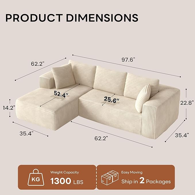 98 Inch Boneless Couches for Living Room Modular Sectional Sofa with Deep Seat Cloud L-Shape Couch 3 Seat with Memory Foam No Assembly Required Beige Left Facing