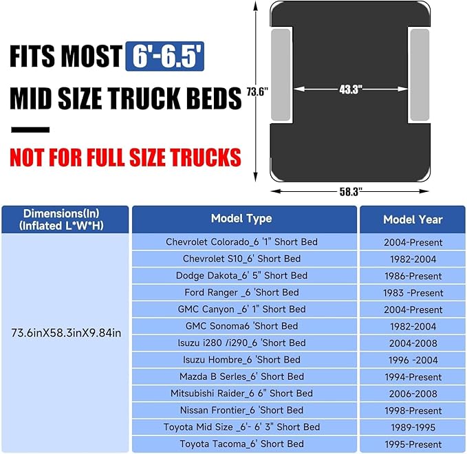Umbrauto 6-6.5ft Mid SizeTruck Bed Air Mattress for Short Beds Inflatable Mattress with Pump for MidSize Pickup Bed Tent Camping Pick Up Truck Sleeping Pad for Outdoor Travel