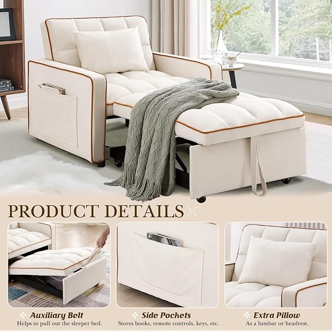 3 in 1 Convertible Sleeper Sofa Chair BedVelvet Tufted Upholstered Pull Out Sleeper Chair with Adjustable Backrest &amp Side PocketsModern Lounger Bed Recliner for Living Room/Office/Small Space(Be