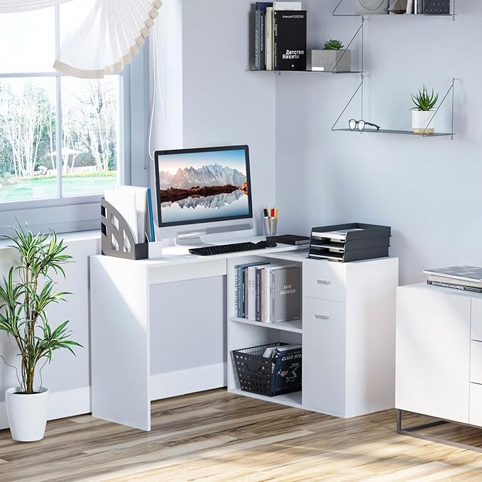L Shaped Corner Desk with Storage Shelves and Rotating Design for Home Office White