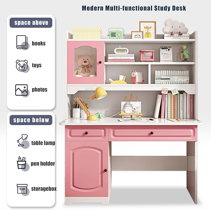 HM&ampDX Study Desk with Hutch &amp Bookshelf &amp DrawersWooden Computer Desk Home Office Desk Teenager DeskCute Writing Study Desk Bookshelf Combo for Girl Boy(31.5inch Pink)