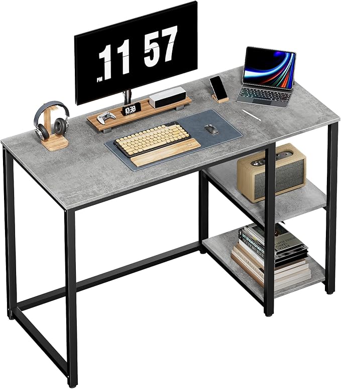 SINPAID Computer Desk 40 inches with 2-Tier Shelves Sturdy Grey Desks with Large Storage Space Modern Gaming Desk Study Writing Laptop Table Gray
