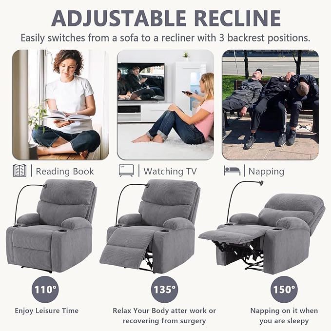 Manual Recliner ChairModern Corduroy Reclining Chairs with Phone Stand &amp Cup HoldersOverstuffed Single Sofa Recliner for AdultsLiving Room Bedroom Home Theater (Grey)
