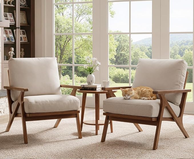 HNY Set of 2 Mid Century Accent Chair Faux Leather Upholstered Armchair with Wood Frame and Canvas Cushions Leisure Reading Chair Slipper Chair for Living Room Bedroom Beige