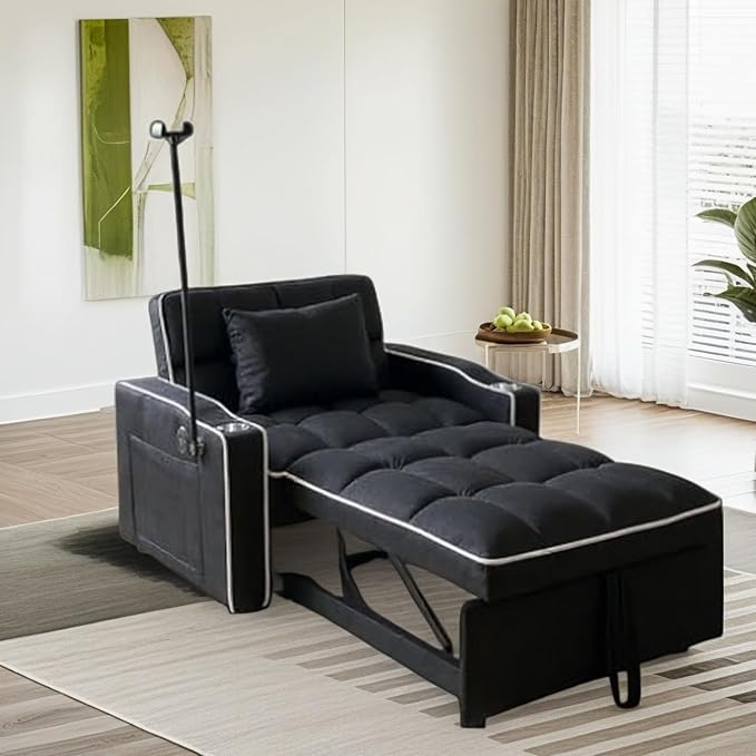 Convertible Sleeper Chair Pull Out Chair Sleeper with Bracket and Cup Holder Chairs Bed Sleepers for Adults 3 in 1 Sofa Bed Chairs for Small Spaces Living Room Black