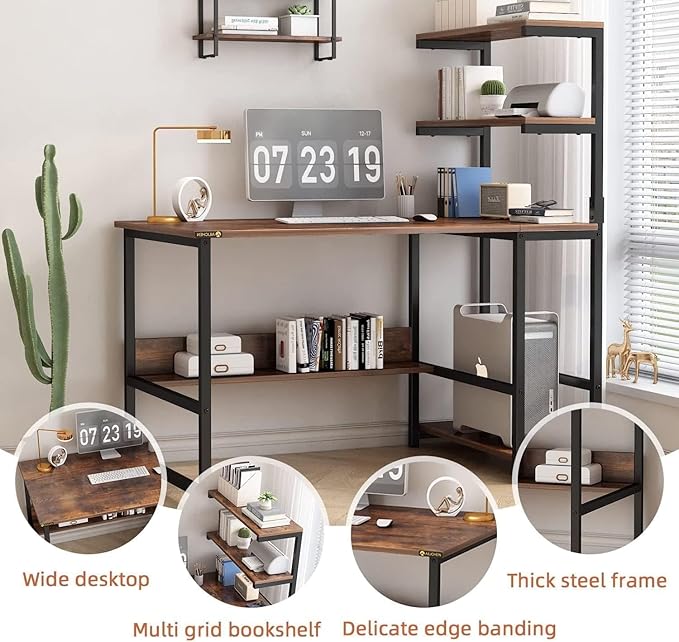 L-Shaped Computer Desk with 4-Tier Storage Shelves 43 inch Writing Desk with Bookshelf for Home Office Reversible Corner Gaming Desk for Bedroom Brown (Brown)
