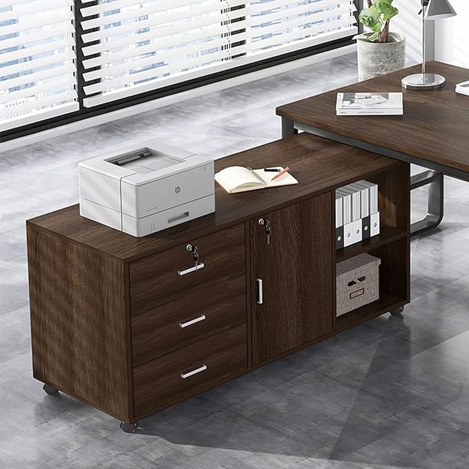 Wood File Cabinet Lateral File Cabinet 3 Drawer File Cabinet with Lock Printer Stand with Storage Mobile Filing Cabinet Home Office Organization Furniture