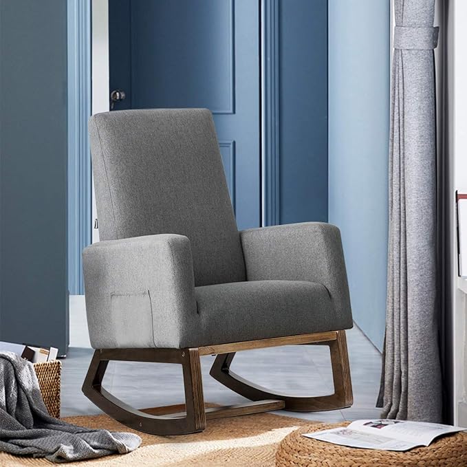 Giantex Rocking Chair Upholstered Living Room Chair with Padded Back and Seat Wood Base Rocking Chair for Nursery Home Office &amp School Use (Gray)