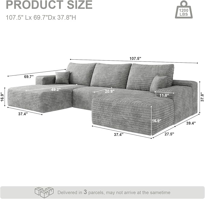 107.5 U Shaped Boneless Couch with Chaise ‌and Ottoman‌ Oversized Modular Sectional Sofa with Deep Seat Corduroy Cloud Couches for Living Room No Assembly Required Grey | Oversized Modular Deep