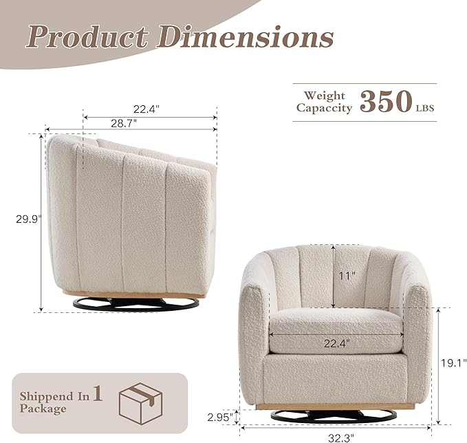 Mlmh &amp Kngwa 32.28 W Swivel Barrel Accent Chair Chenille Upholstered Swivel Chair Comfy Chairs Single Sofa for Living Room Bedroom Ivory