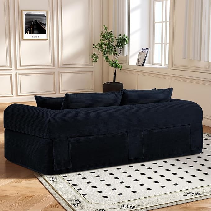 83 Modern Sofa in a Box No Assembly Oversized 3 Seater 28 Deep Seat Cloud Sofa Bed Couch with 4 Furry Pillows &amp Corduroy Fabric Boneless Couch with Side Storage Pockets for Living Room Navy B