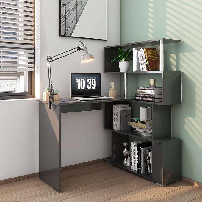 41.7 L Shaped Desk with 4-Tier Storage Shelves Computer Corner Desk for Study Home Office Living Room (Black)