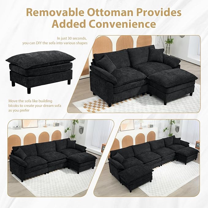 Chenille Modular Sectional Sofa 146.5'' Comfy Cloud Sofa Couch with Remove Ottoman Large L-Shaped Sofa for Living Room Extra Deep Seat Sofa with Pillows DIY Black