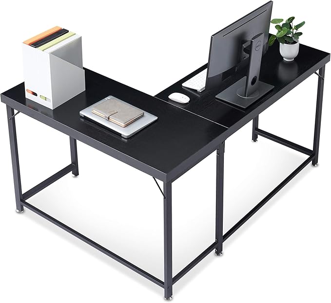 ivinta L Shaped Desk Modern Corner Home Office Computer Desk with 2 Thicker Desktop for Study Work Simple Reversible Worksation with Metal Frame for Bedroom Living Room Novas (Black)