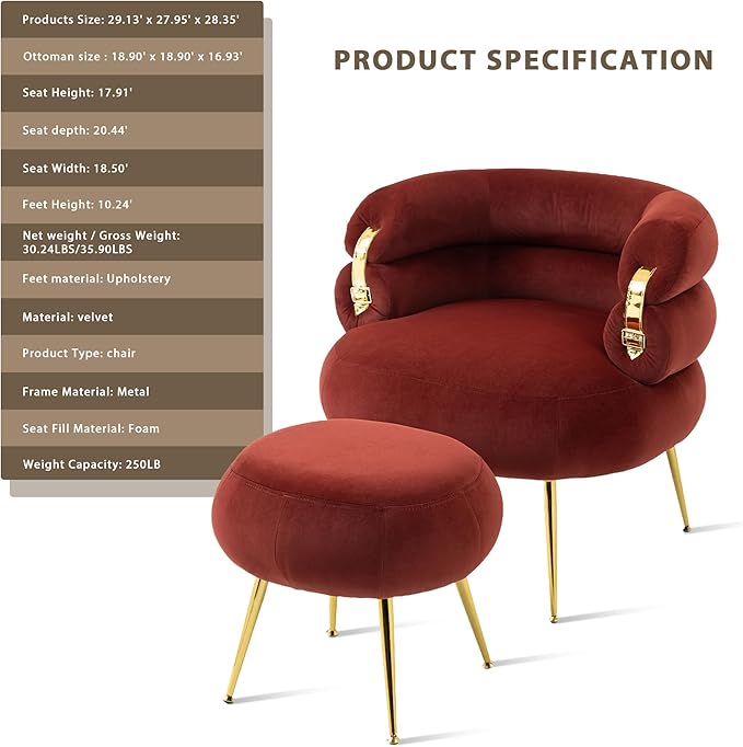 Velvet Accent Chair with OttomanModern Upholstered Armchair Tufted Chair with FootstoolSingle Sofa Chair with Metal Legsfor Living RoomApartmentBedroom (Wine Red-Chair and Ottoman)
