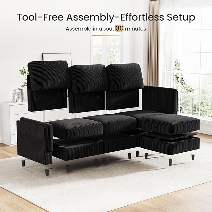 KKL Modular Sectional Sofa Bed with Storage Ottoman Convertible L/U-Shaped Sleeper Couch for Living Room Modern Reversible Design Black