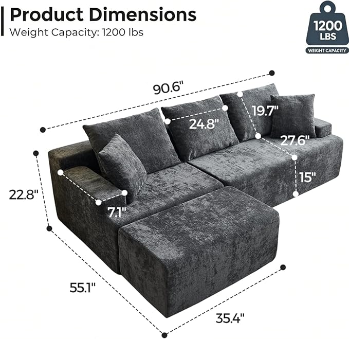 90.6 Sectional Boneless Couches Modern L-Shape Cloud Couch with Chaise Memory Foam Modular Sectional Sofas for Living Room Sofa in A Box No Assembly Required (Gray Left Facing Chaise)