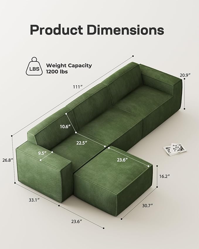 Marsail 111' Modular Sectional Sofa L-Shape Corduroy Cloud Couch with Deep Seat Freely Combinable Boneless Sofa for Living Room No Assembly Required Dark Green