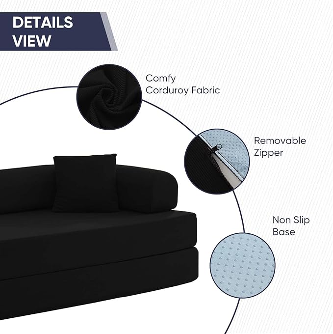 ijuicy 4-in-1 King Convertible Floor Sofa Bed w/ 2 PillowModular Sleeper Sofa/Folding Futon Couch Bed w/Cylindrical Backrest and Fixed FrameLounge CouchCorduroy Compression Sofas for Home-Black