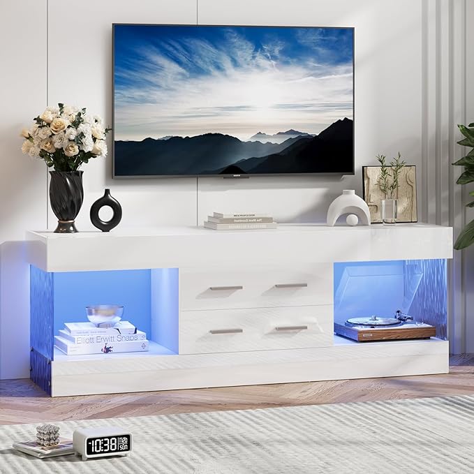 Bestier Modern 60 Inch TV Stand for 65/60/55+ TV High Gloss White Entertainment Center with 2 Drawers &amp LED Lights Stone-Pattern Side Panels TV Consoles for Living Room Bedroom