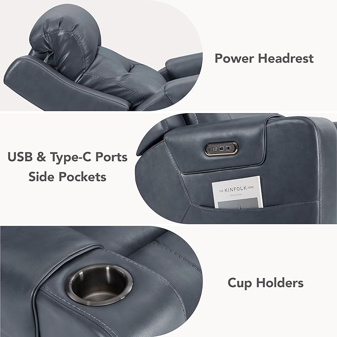 Watson &amp Whitely Genuine Leather Power Recliner Chairs for Adults Lay Flat Recliner with Power Headrest USB Ports and Cup Holders Electric Reclining Sofa for Living Room Bedroom Navy