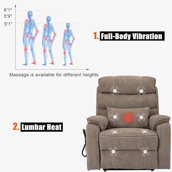 Lift Chair Lay Flat Recliner Heat Massage Dual Motor Infinite Position Power Recliners with Left Side Tray Table-Wireless ChargerCup Holder
