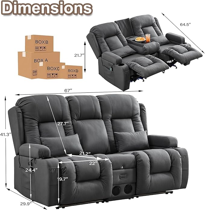 TUNYI Power Loveseat Recliner Sofa with Massage &amp Heat Home Theater Seating with Console RV Recliner Loveseat Sofa with USB/Storage/Side Pocket/LED Light/Speaker (Dark Grey Loveseat)
