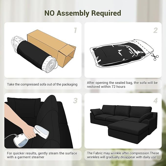 78.8 Cloud Sectional Couch Comfy 2 Seater Boneless Couch No Assembly Required Couches for Living Room Deep Seat Modular Sectional Sofa (Plush Black)
